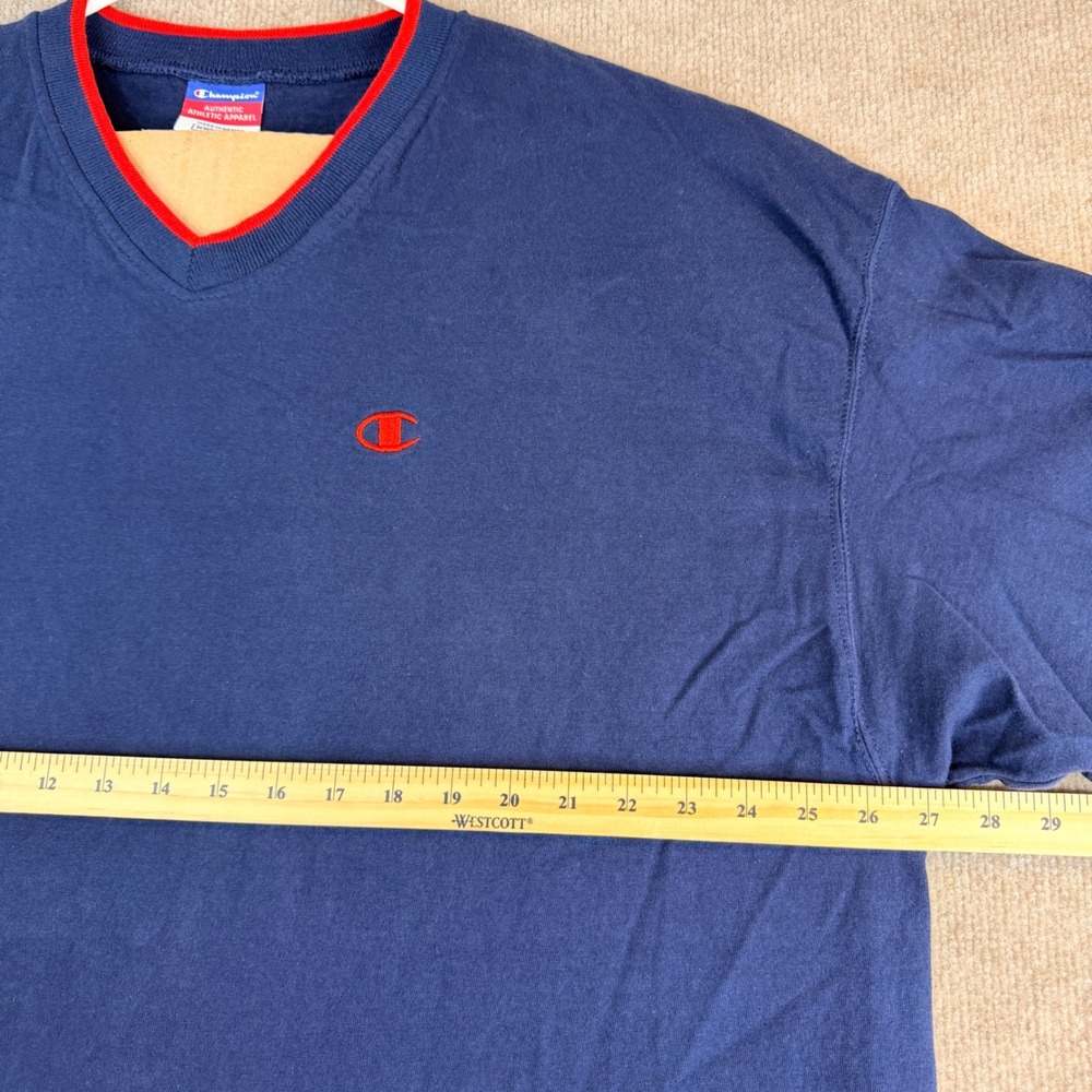 Champion Mens Navy Blue V Neck T Shirt Embroidered Logo Vintage 90s XXL - Picture 5 of 16